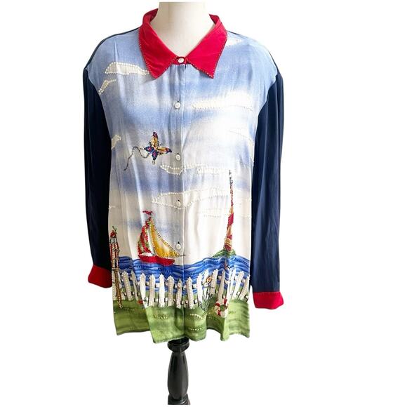 Quacker Factory 100% Silk Long Sleeve Artsy Seascape Design Sequins Size 2X - Picture 1 of 14